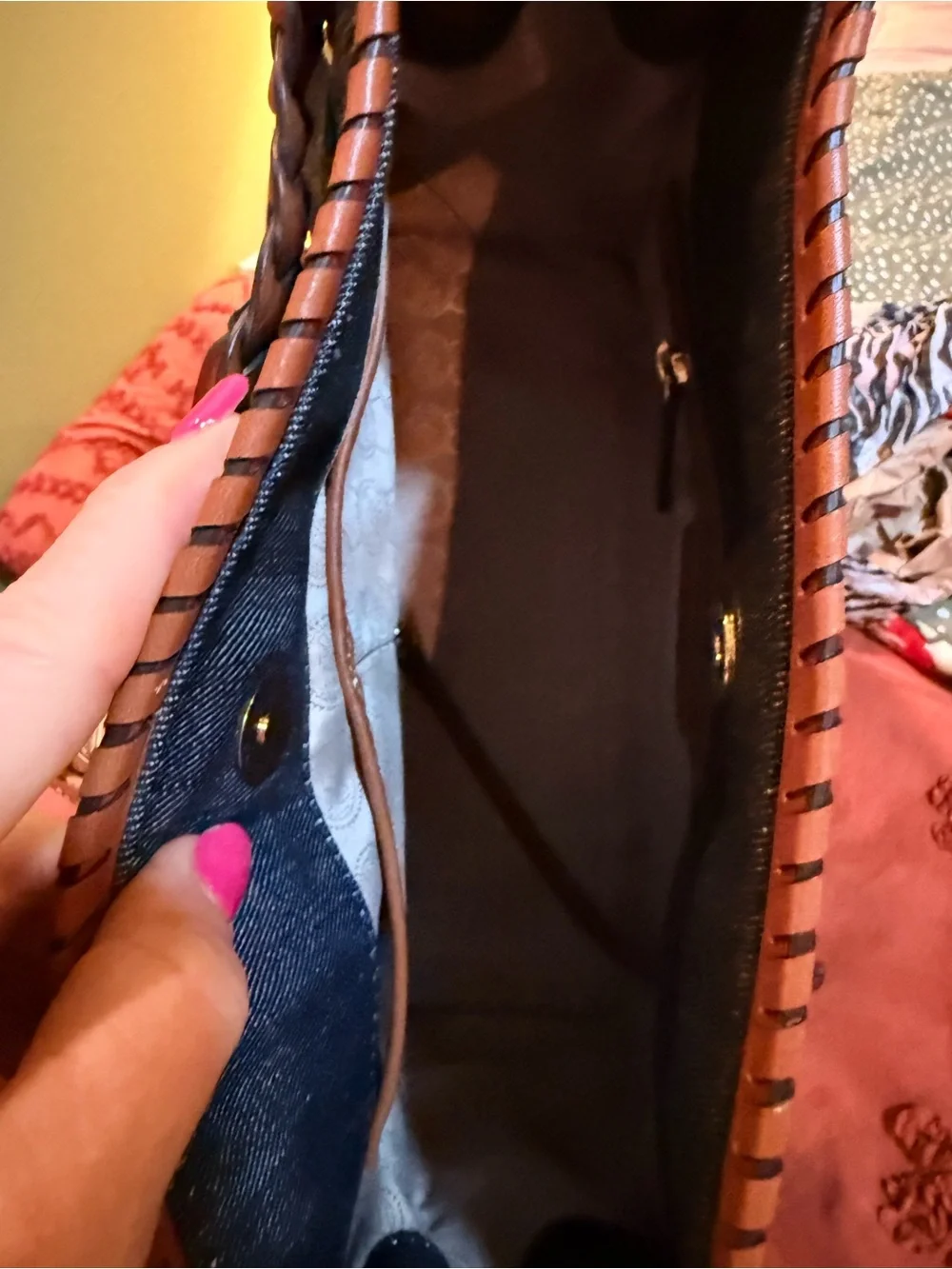 Michael Kors Navy Denim Satchel with Brown Leather Trim & Gold Hardware